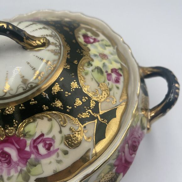 VTG Japanese‎ Porcelain Moriage Hand Painted 2 Handles Covered Serving Bowl Gold - Picture 6 of 15